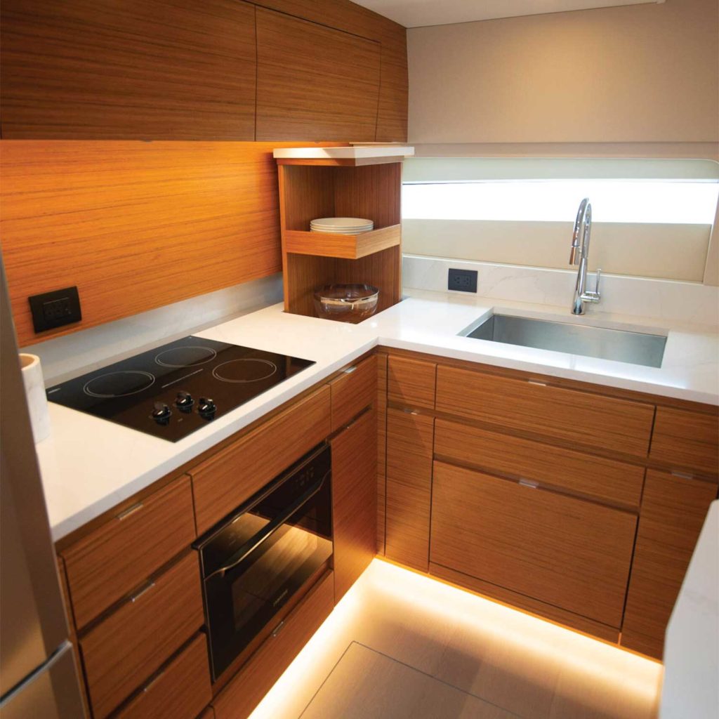 The interior galley of the Bertram 50 Express sport-fishing boat.