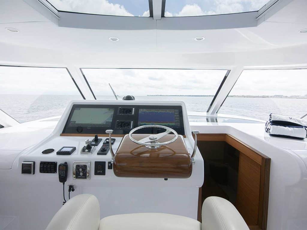 The control helm of the Bertram 50 Express sport-fishing boat.