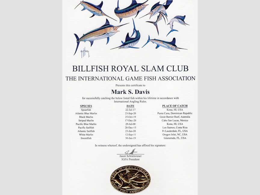 The IGFA's Billfish Royal Slam certificate.