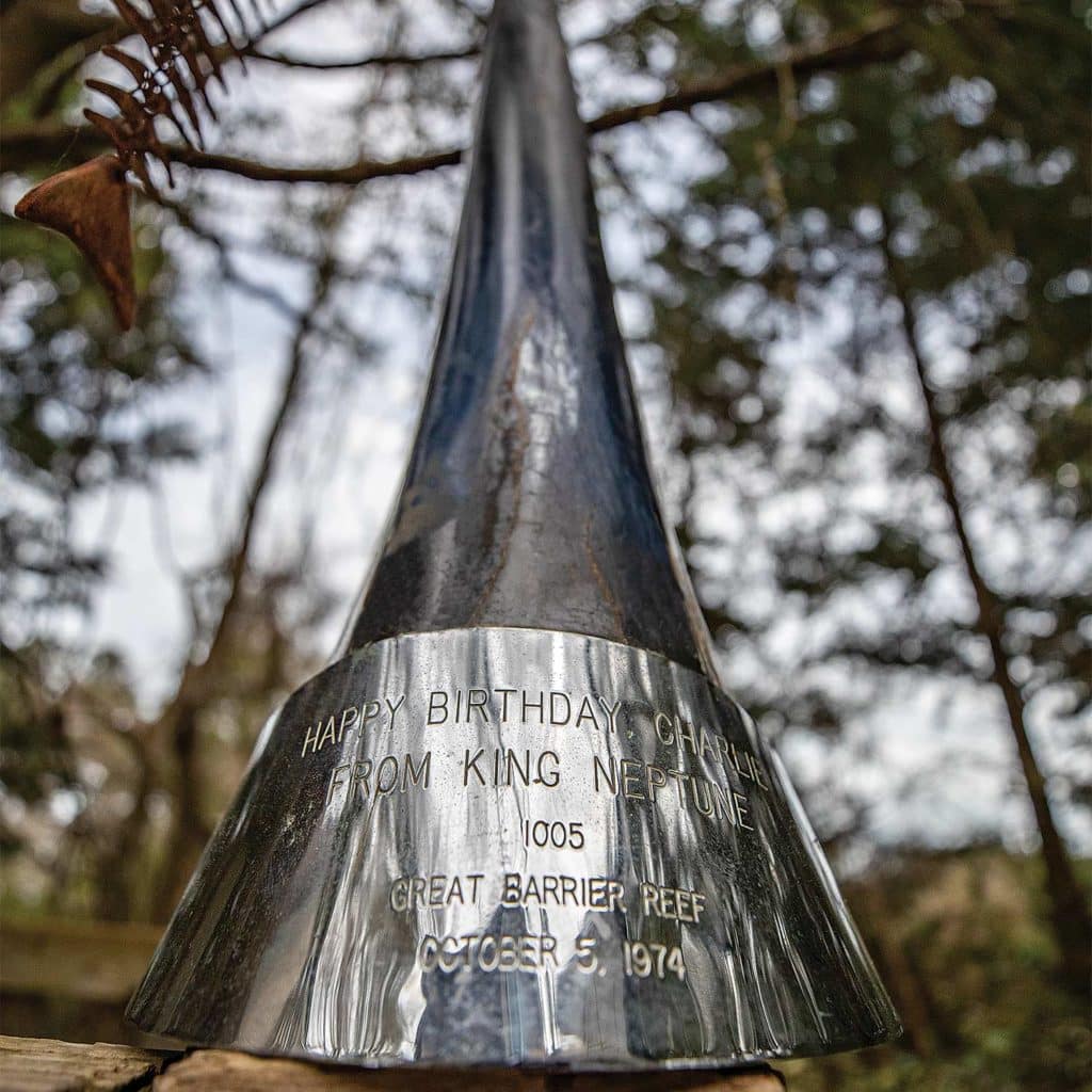 A silver black marlin bill trophy.