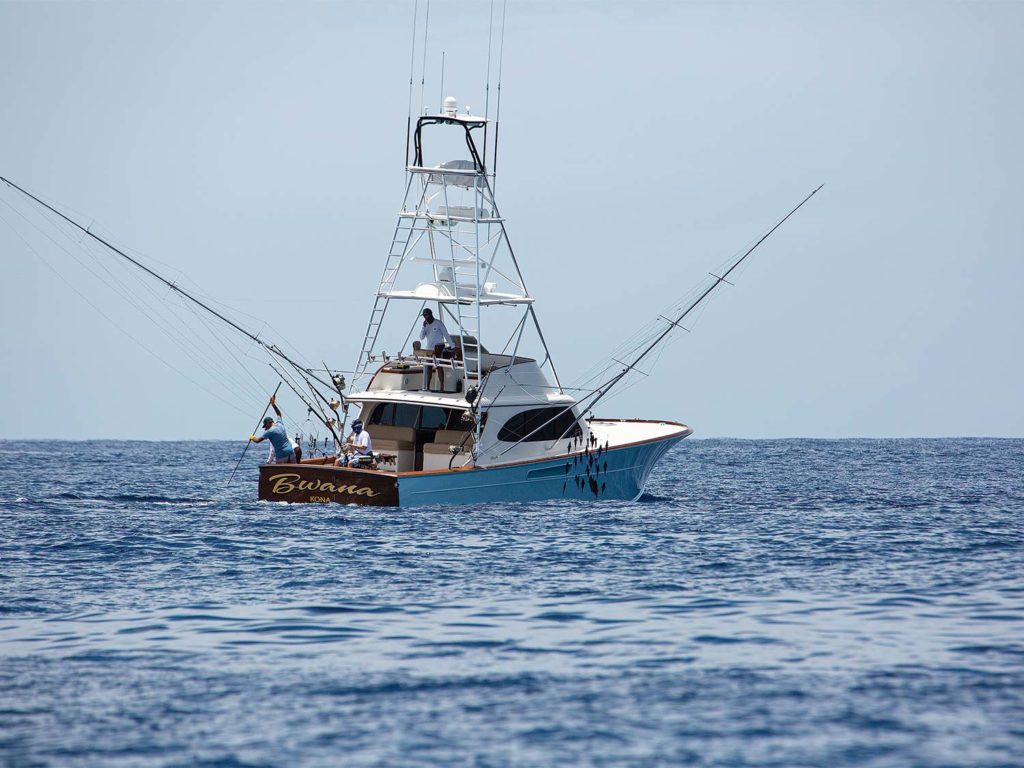 A sport fishing yacht out on the water.