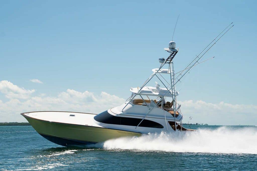Photograph of a sport fishing boat on the water.