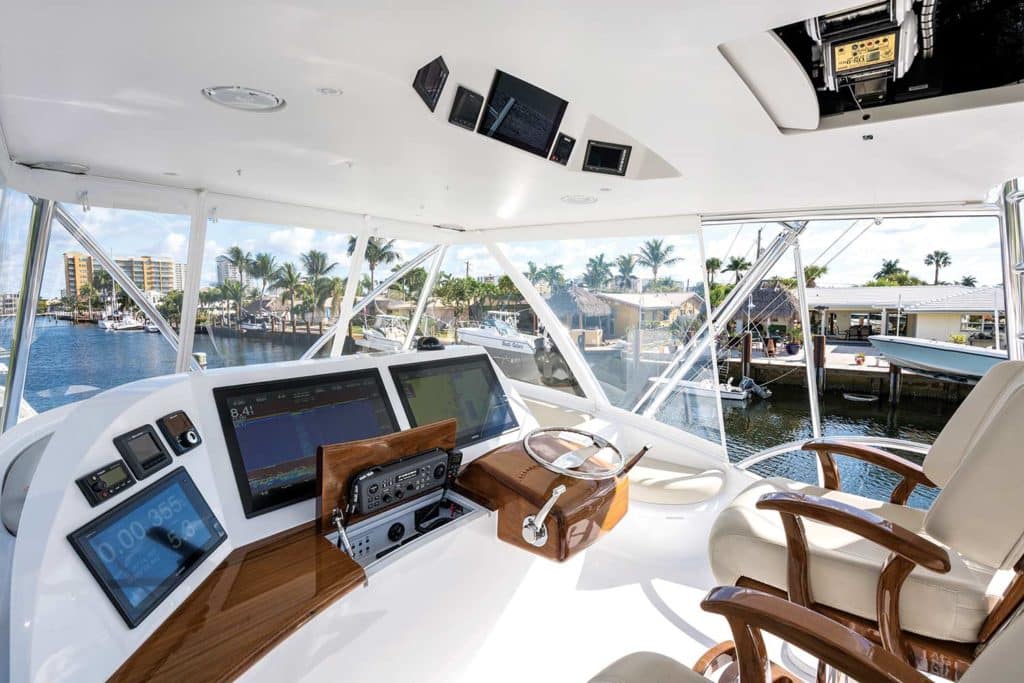 The cockpit and helm of the The F&S Yachts 61 Esme.