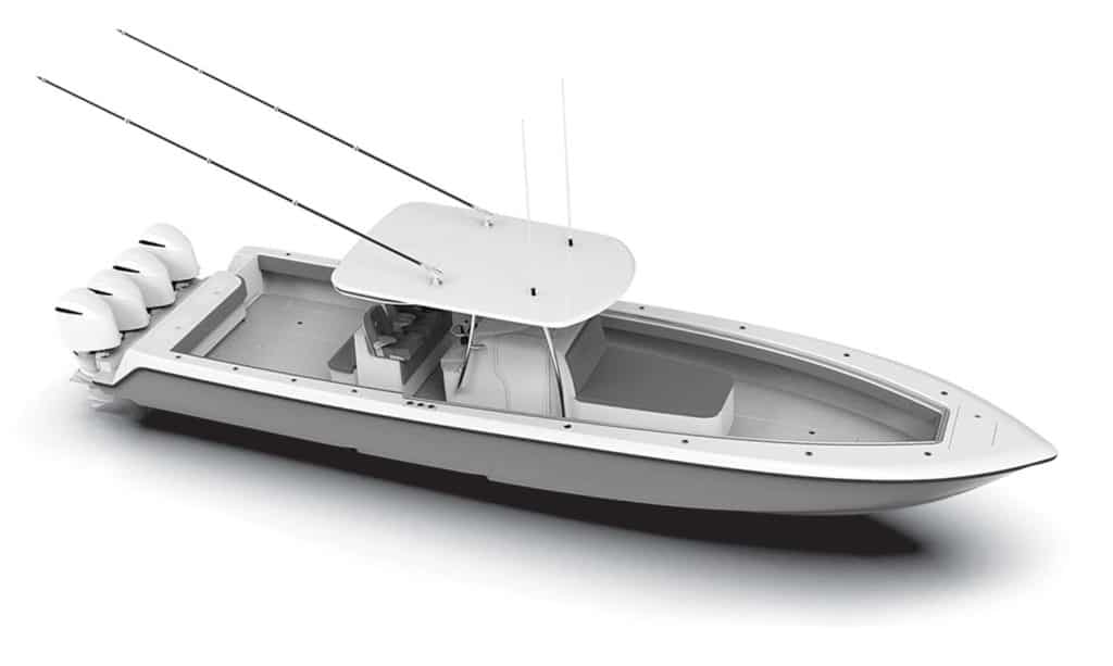 A digital rendering of Contender 44 Canyon sport fishing boat.