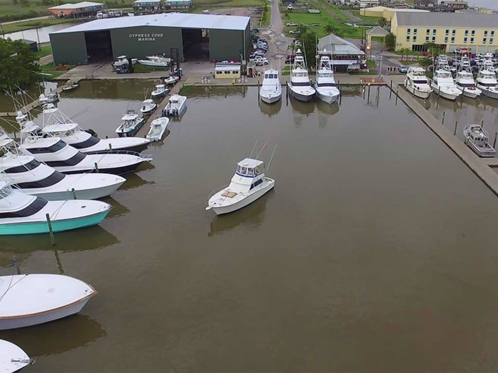 An aerial view of a boat marina.