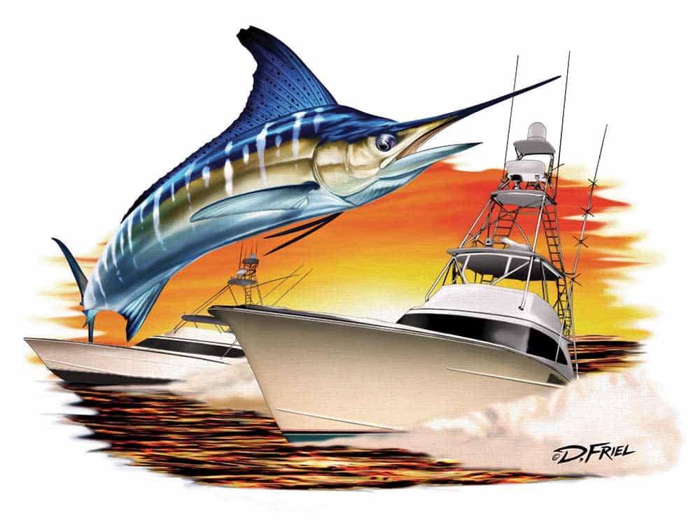 dennis friel illustration of a marlin and boats at sunset