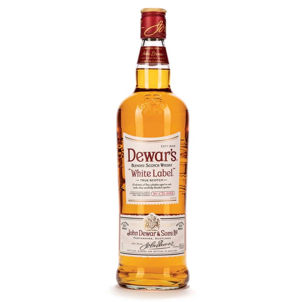 Dewar’s White Label Scotch Whisky isolated on a white background.