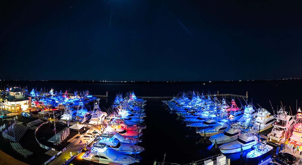 boats at the dock at night