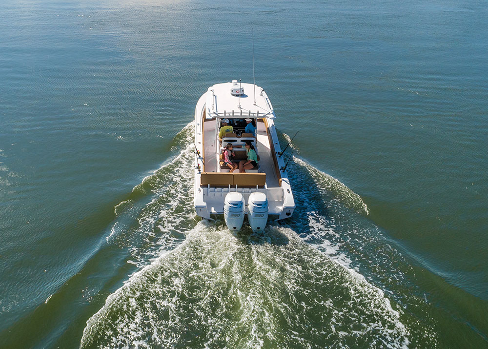 aerial view of fountain 34cc outboard boat
