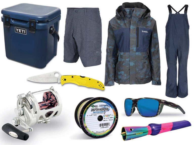 A collage of sport fishing gear on a white background. The collection of gear includes a knife, fishing reel and line, sunglasses, apparel, a cooler, and a fishing lure.