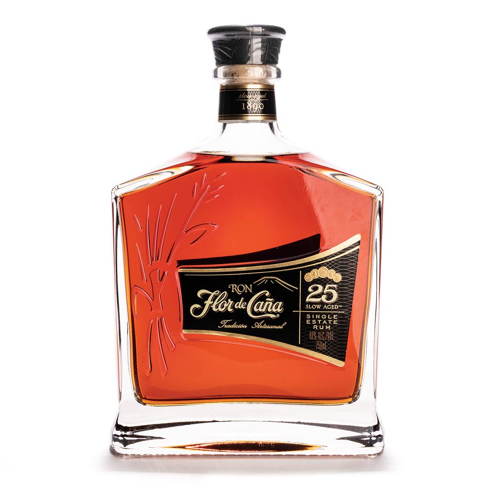 Flor De Caña 25-Year Añejo Rum isolated on a white background.