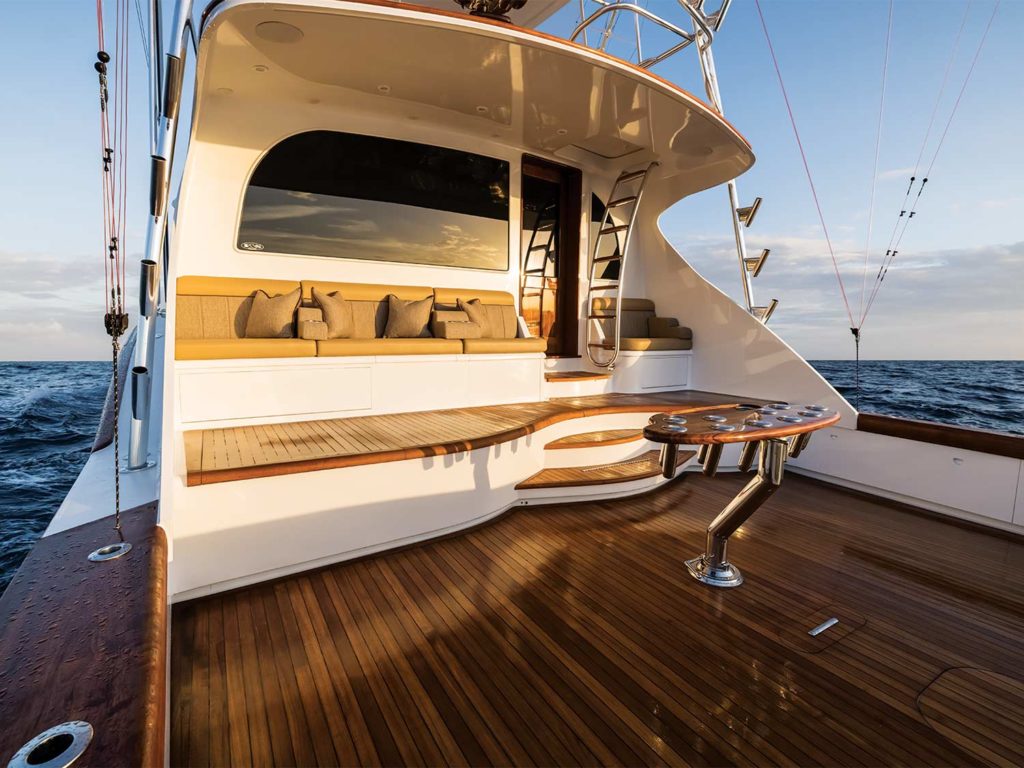 The teak woodwork of a sport-fishing boat's cockpit and mezzanine.