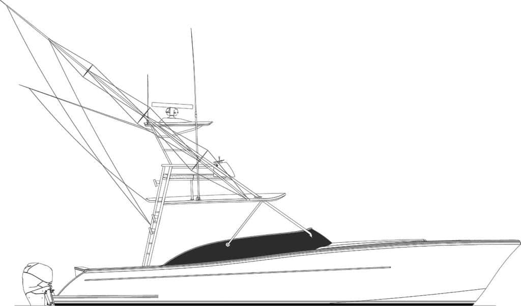 A digital rendering of Gamefisherman 45 sport fishing boat.