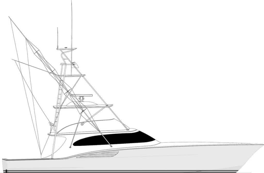 Digital rendering of a Garlington 71 sport fishing boat.