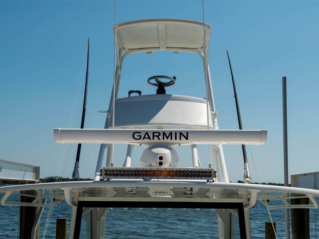 A Garmin Fantom open-array radar attached to a sport-fishing boat.