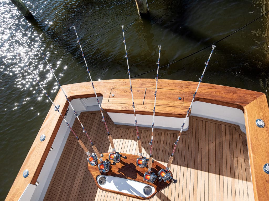 The deck and fighting chair of the Harrison Boatworks 41, Patrice Marie.