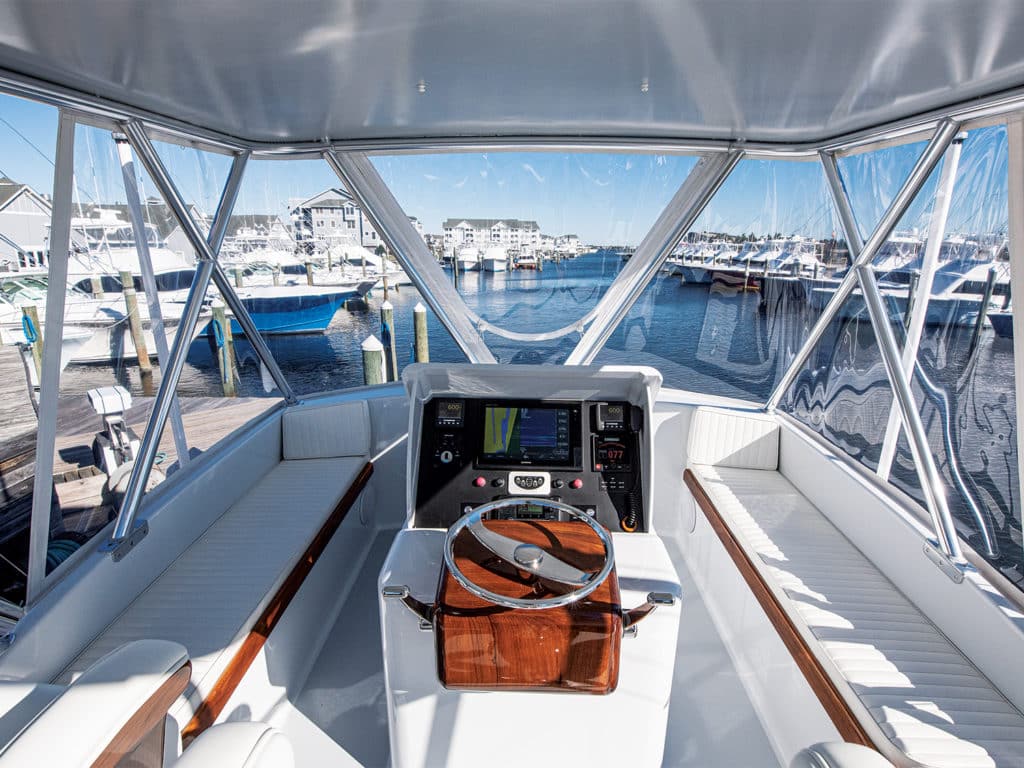 The helm of the Harrison Boatworks 41, Patrice Marie.