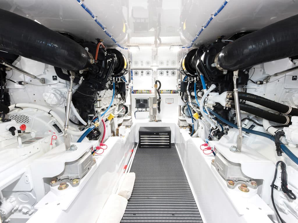 The engine room of the Hatteras Yachts sport-fishing boat.