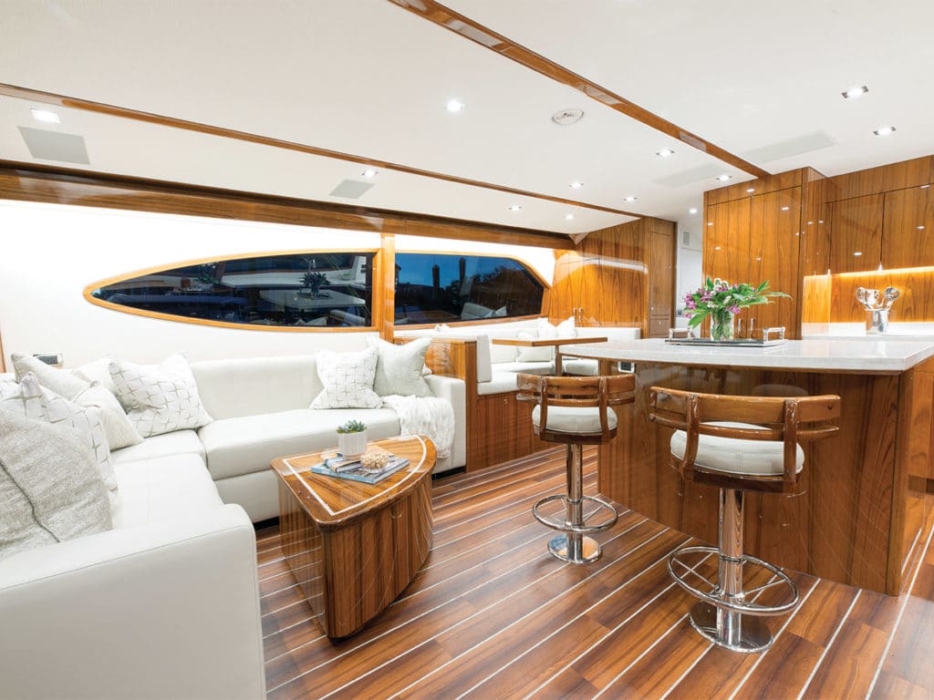 The interior salon of the Hatteras Yachts sport-fishing boat.