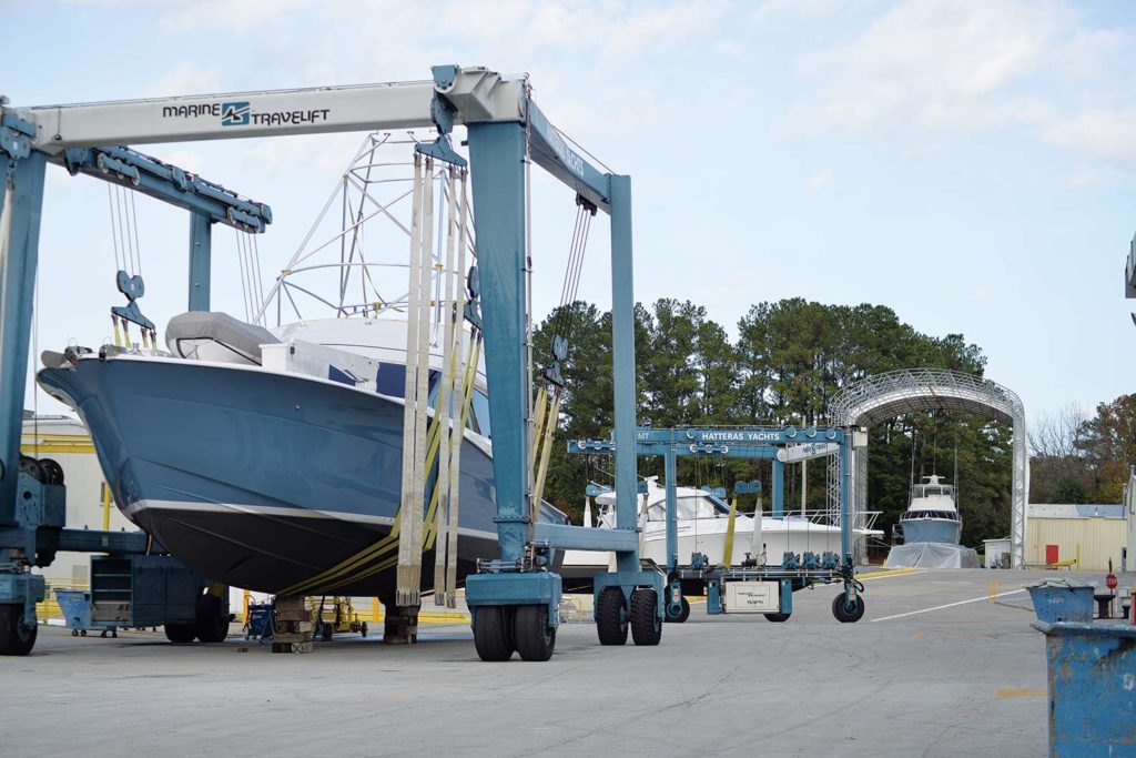 Sport fishing boats in drydock at Hatteras Yachts.
