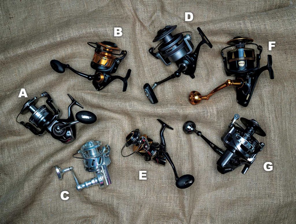 Collection of spinning reels used for offshore fishing.