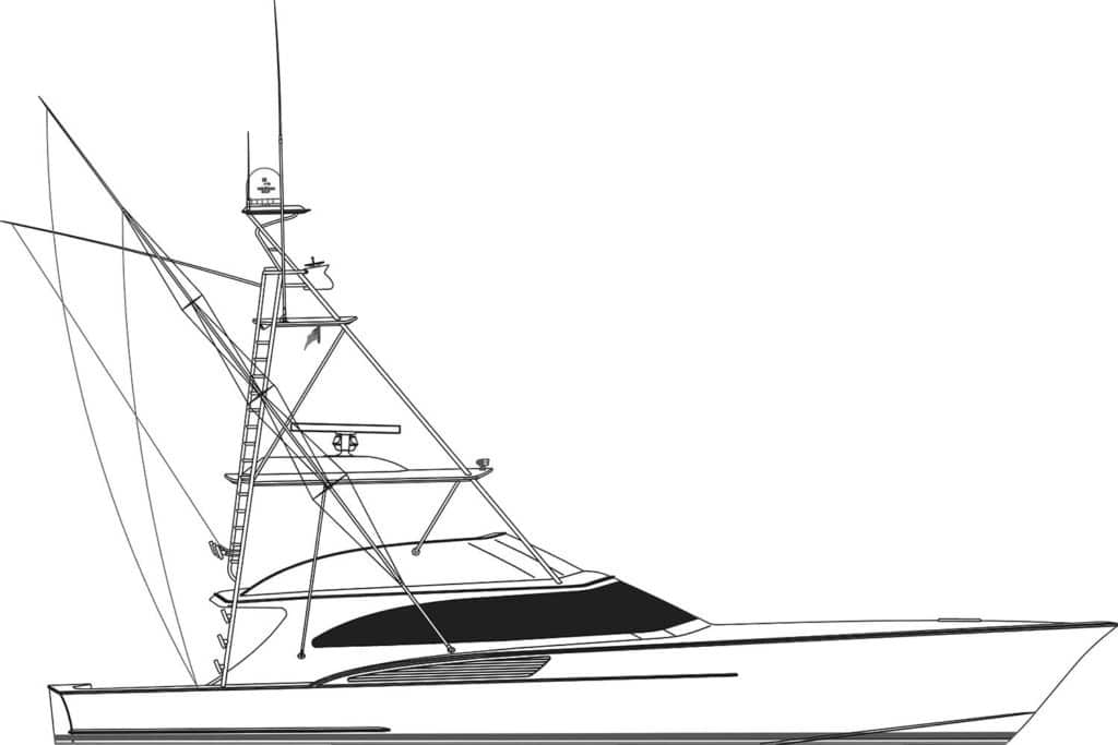 A digital rendering of a Jarrett Bay 67 sport fishing boat.