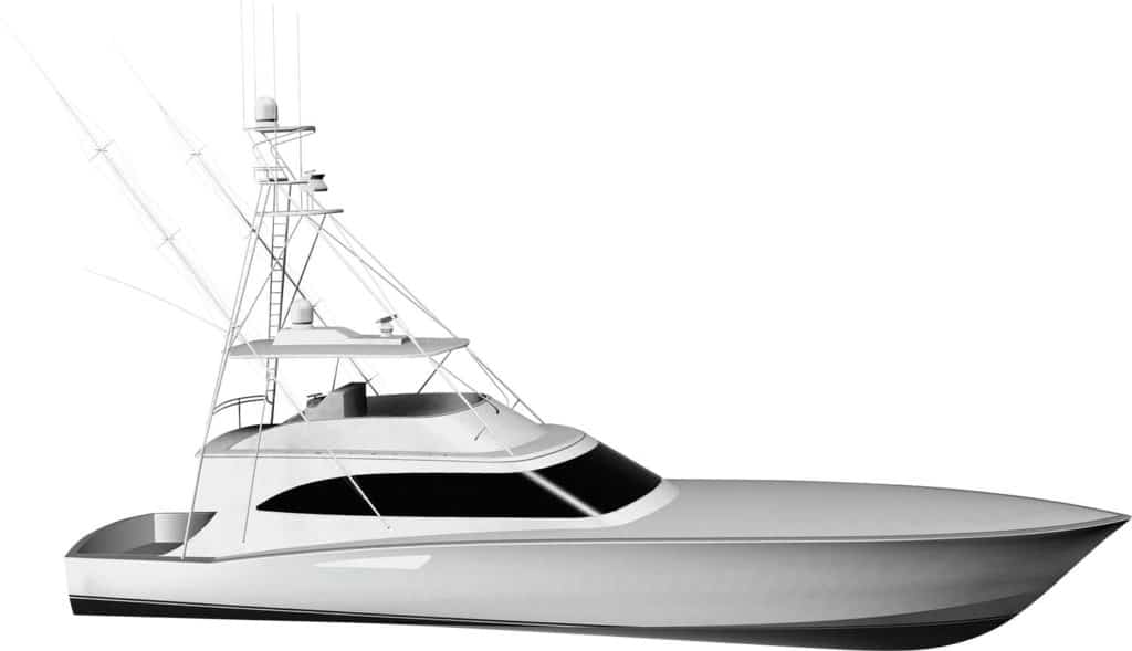 A digital rendering of a Jim Smith 85 sport fishing boat.