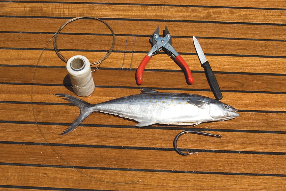 A mackerel's compressed body shape makes it a great bait for both swimming and skipping applications. All you need to rig one up is a good set of rigging needles, some waxed thread, a sharp knife and