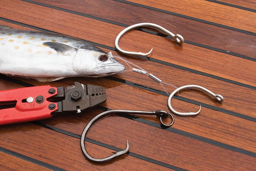 The world's easiest circle hook mackerel rig. Simply pass a mono loop through the head and jaw, and crimp like you normally would, omitting the hook. Now add another crimp, using a second loop and att