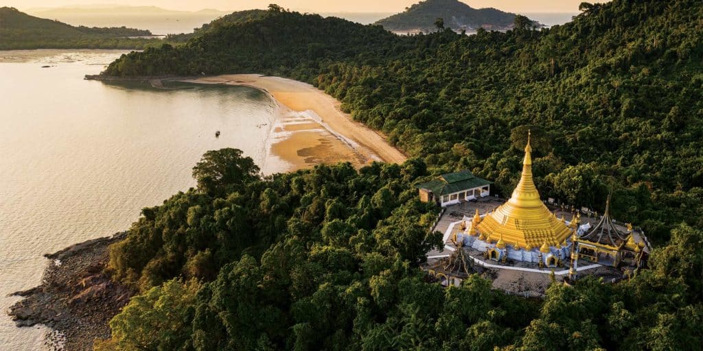 aerial view of andaman islands temple at sunset