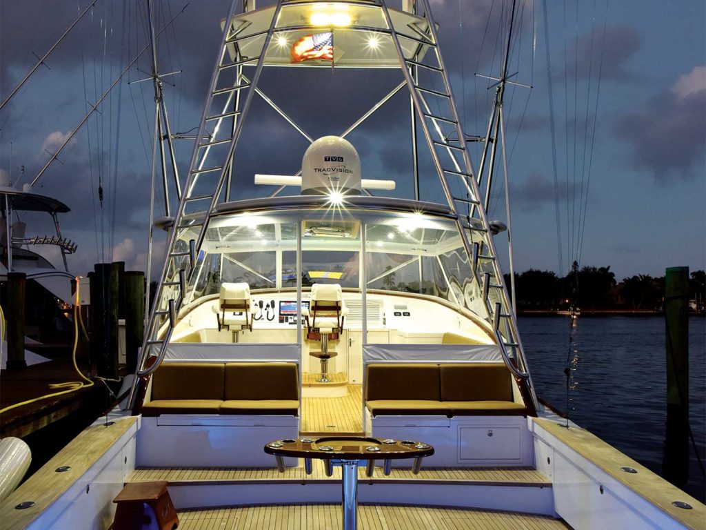 rear view of the gamefisherman 50 express sport fishing yacht at night