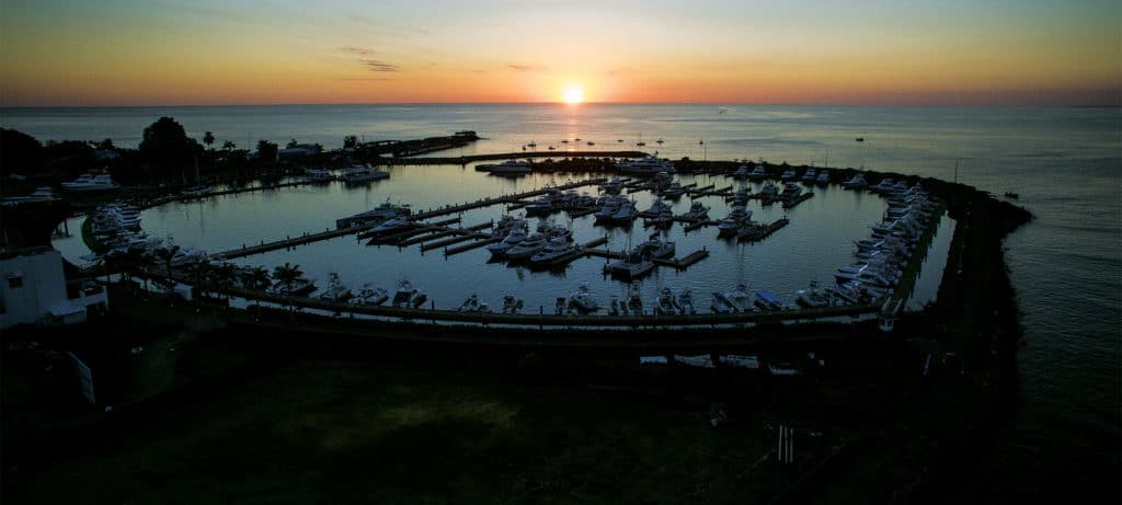 aerial view of marina pez vela in the pacific at sunset
