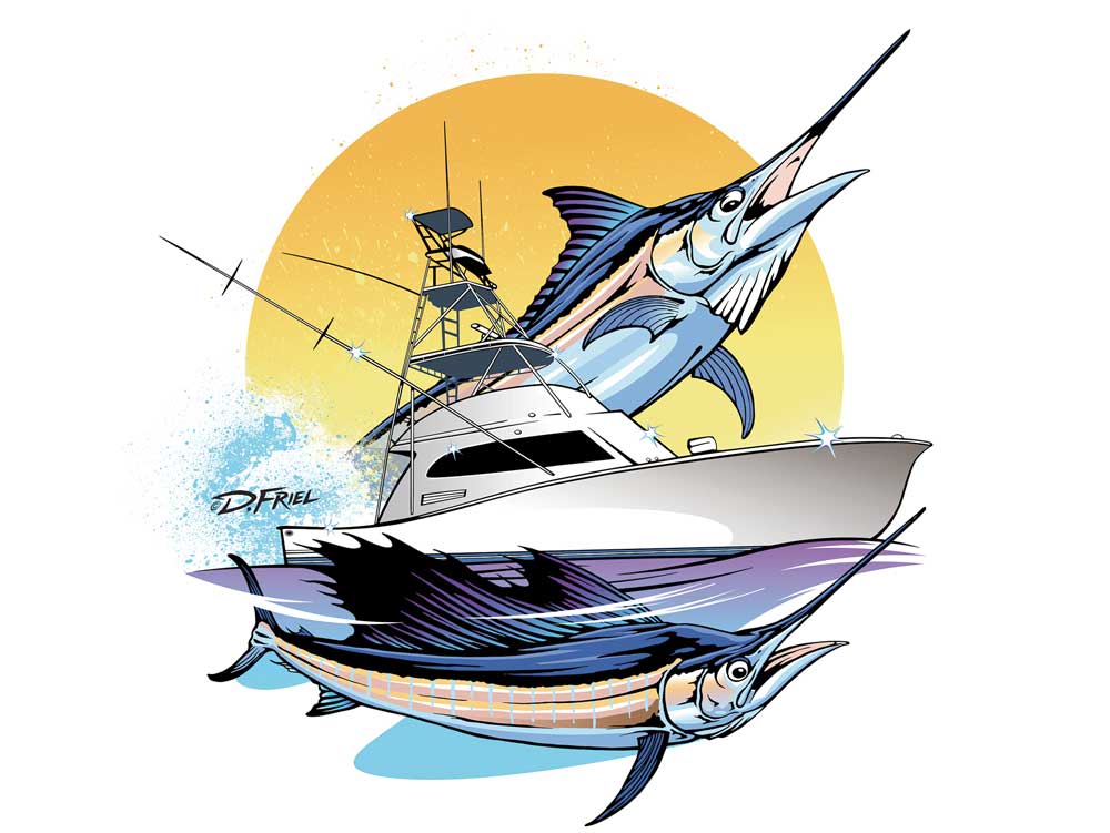 marlin boat sunset illustration