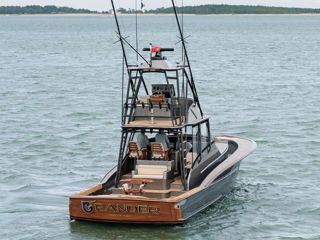 A sport fishing boat on the water.