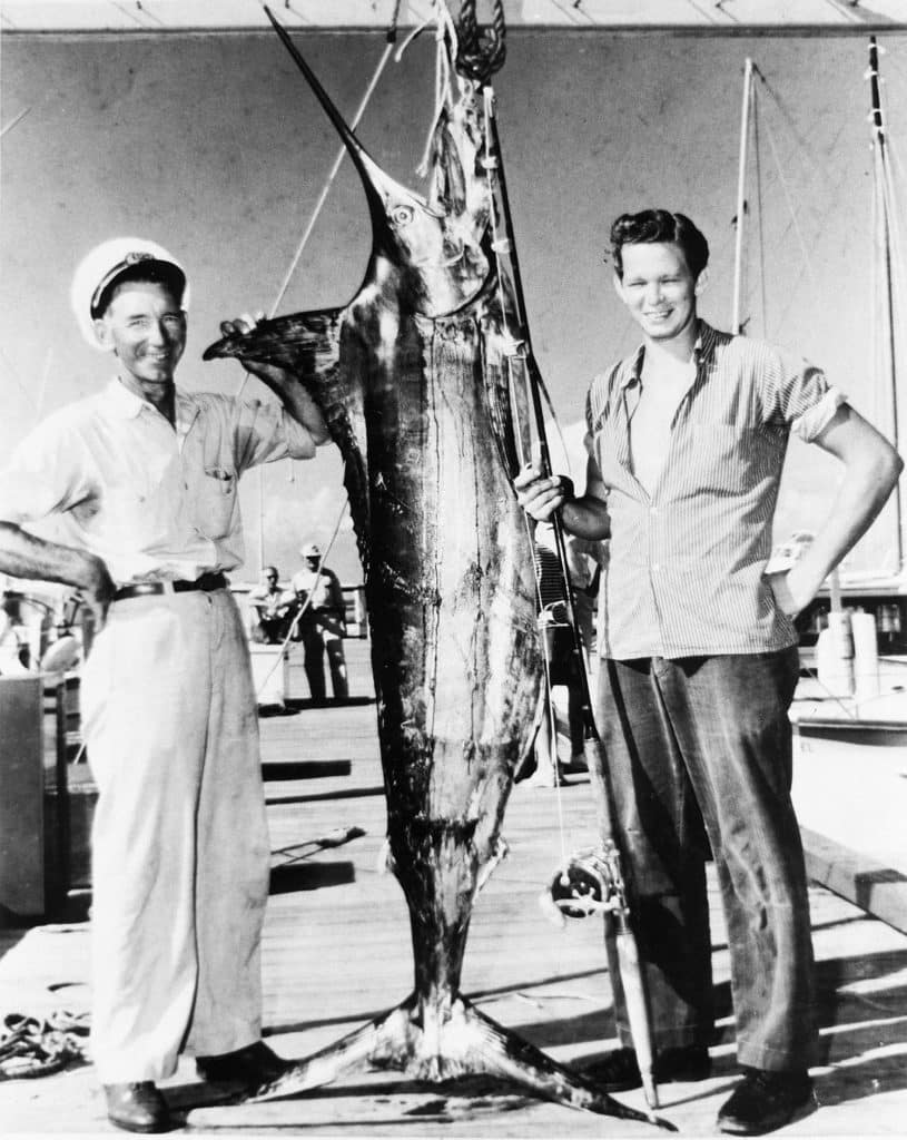 vintage black and white image of a blue marlin tournament