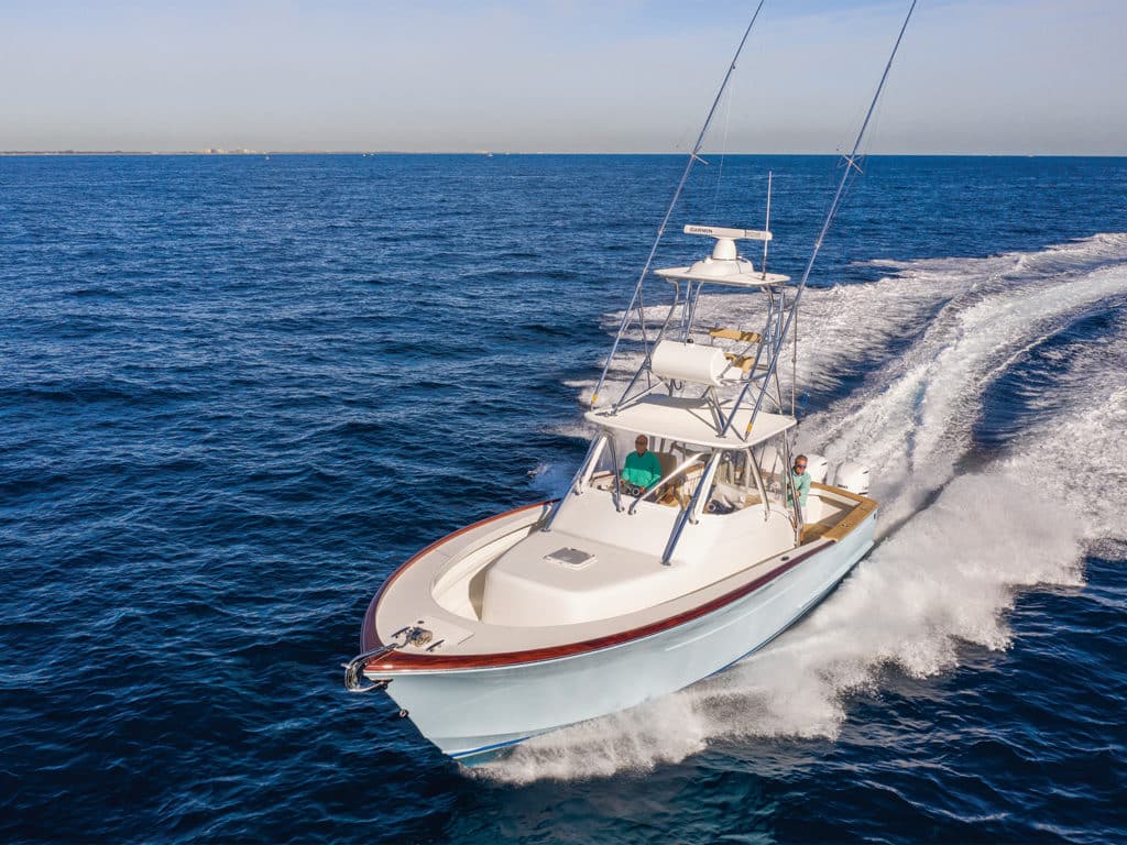 The Maverick 39 sport-fishing boat on the water.