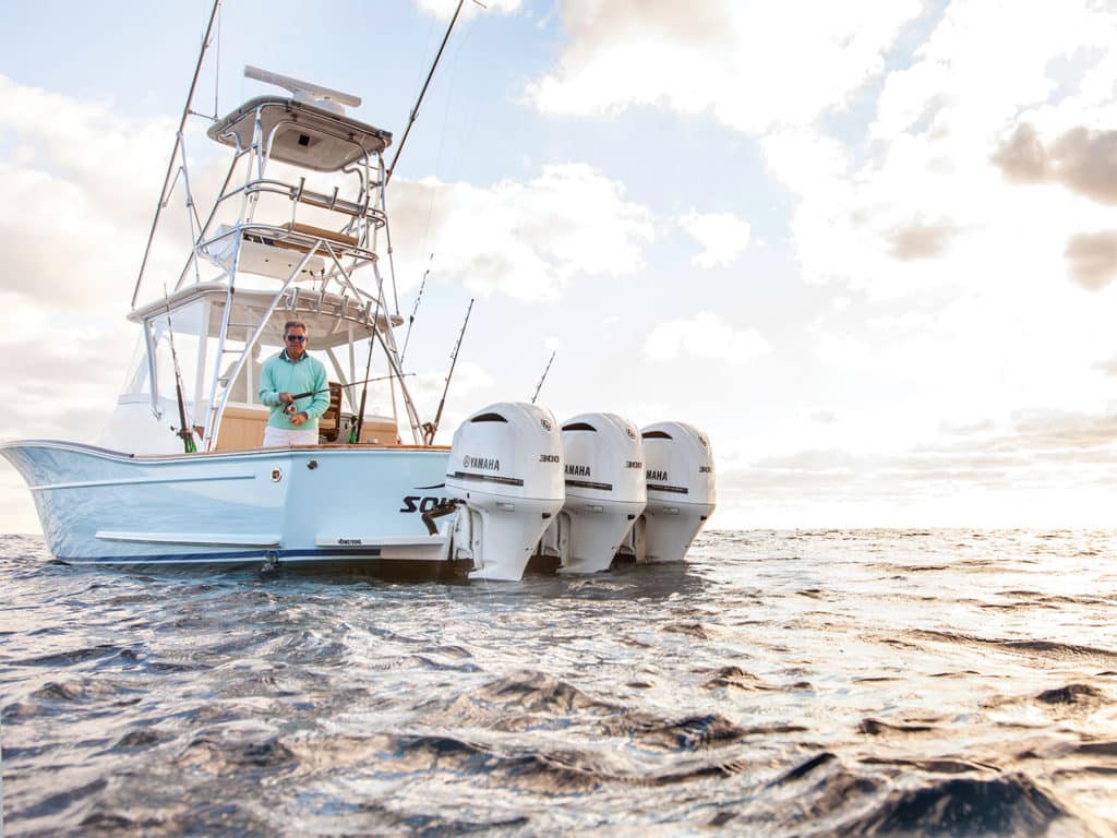 The Maverick 39 sport-fishing boat on the water.