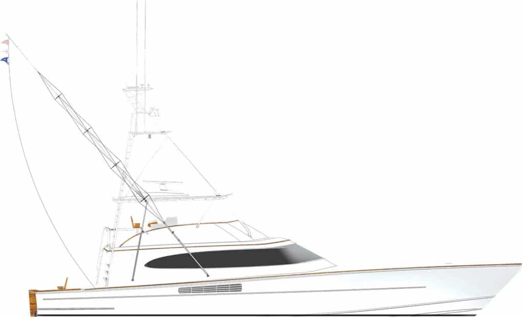 A digital rendering of a Merritt 77 sport fishing boat.