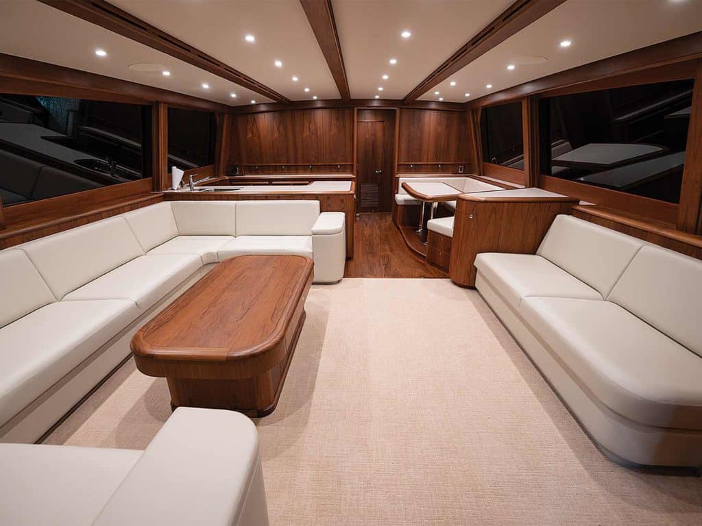 The interior salon of the Merritt Boats 86 sport-fishing boat.