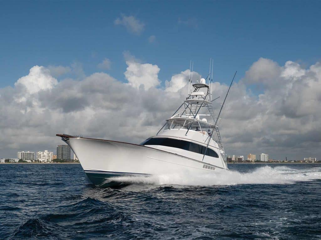 The Merritt Boats 86 sport-fishing boat on the water.