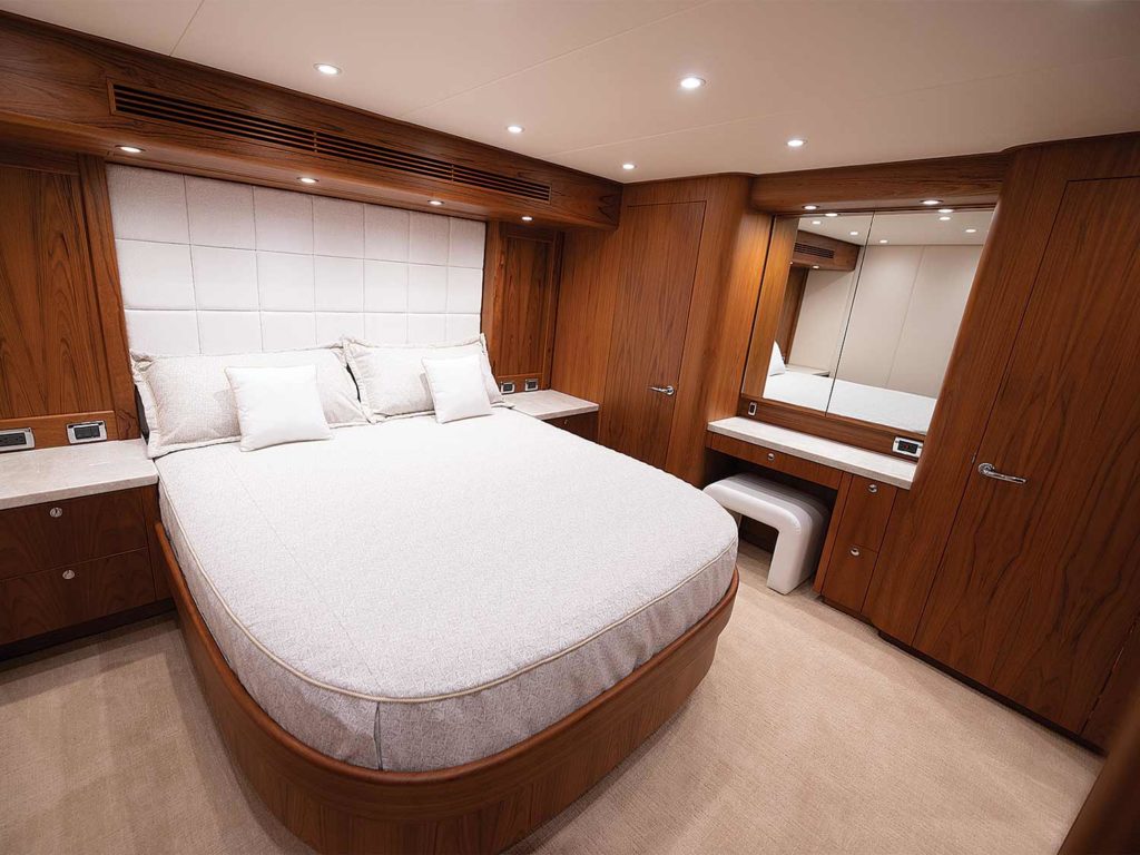 The master stateroom of the Merritt Boats 86 sport-fishing boat.