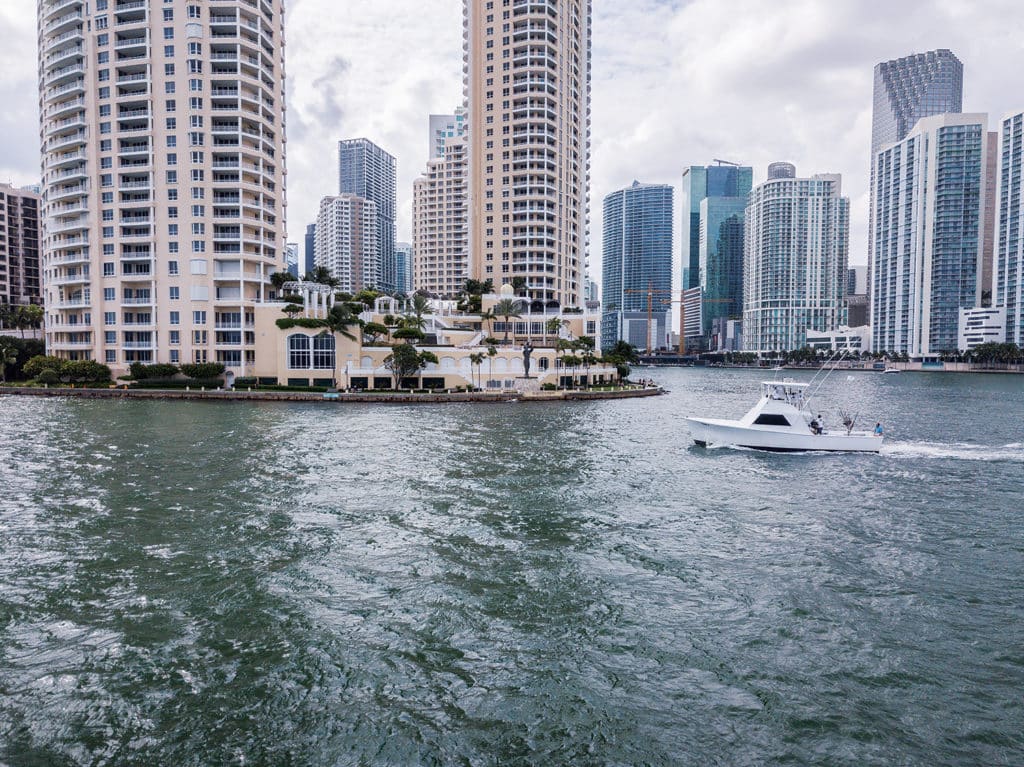 A boat on the water in Miami bay.