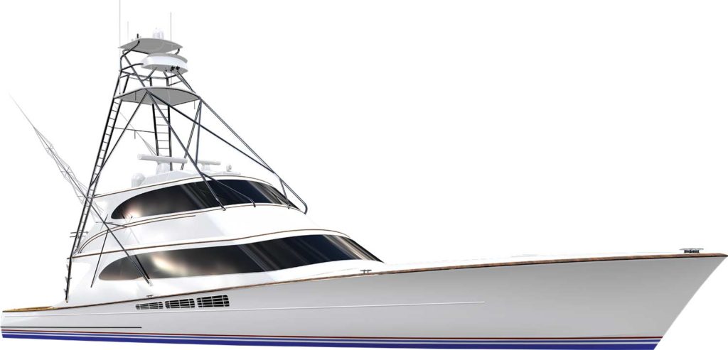 Digital rendering of a Michael Rybovich & Sons 94 sport fishing boat.