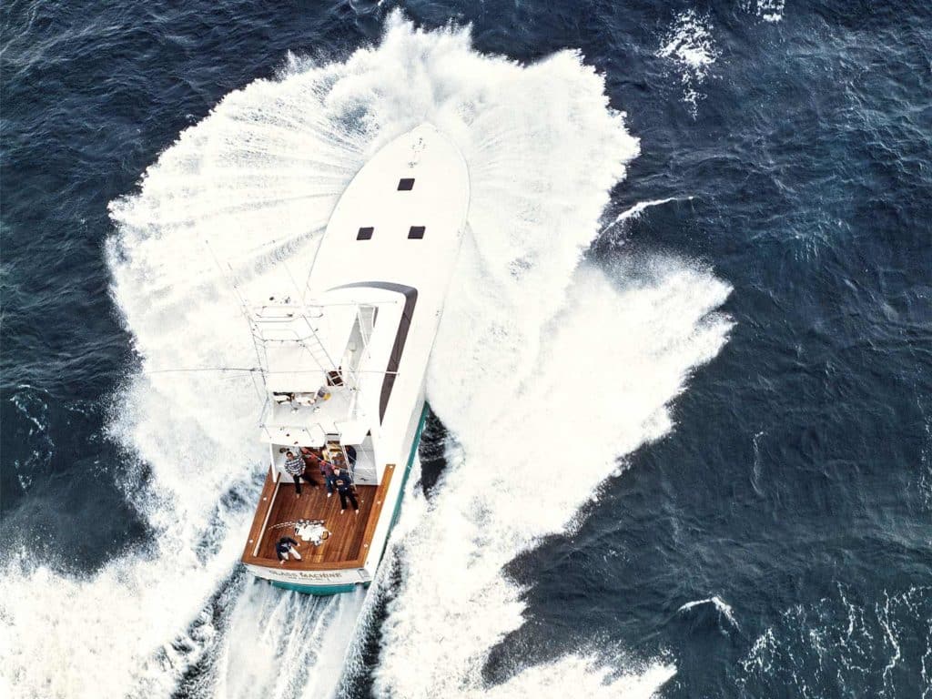aerial view of a sport fishing boat on the water