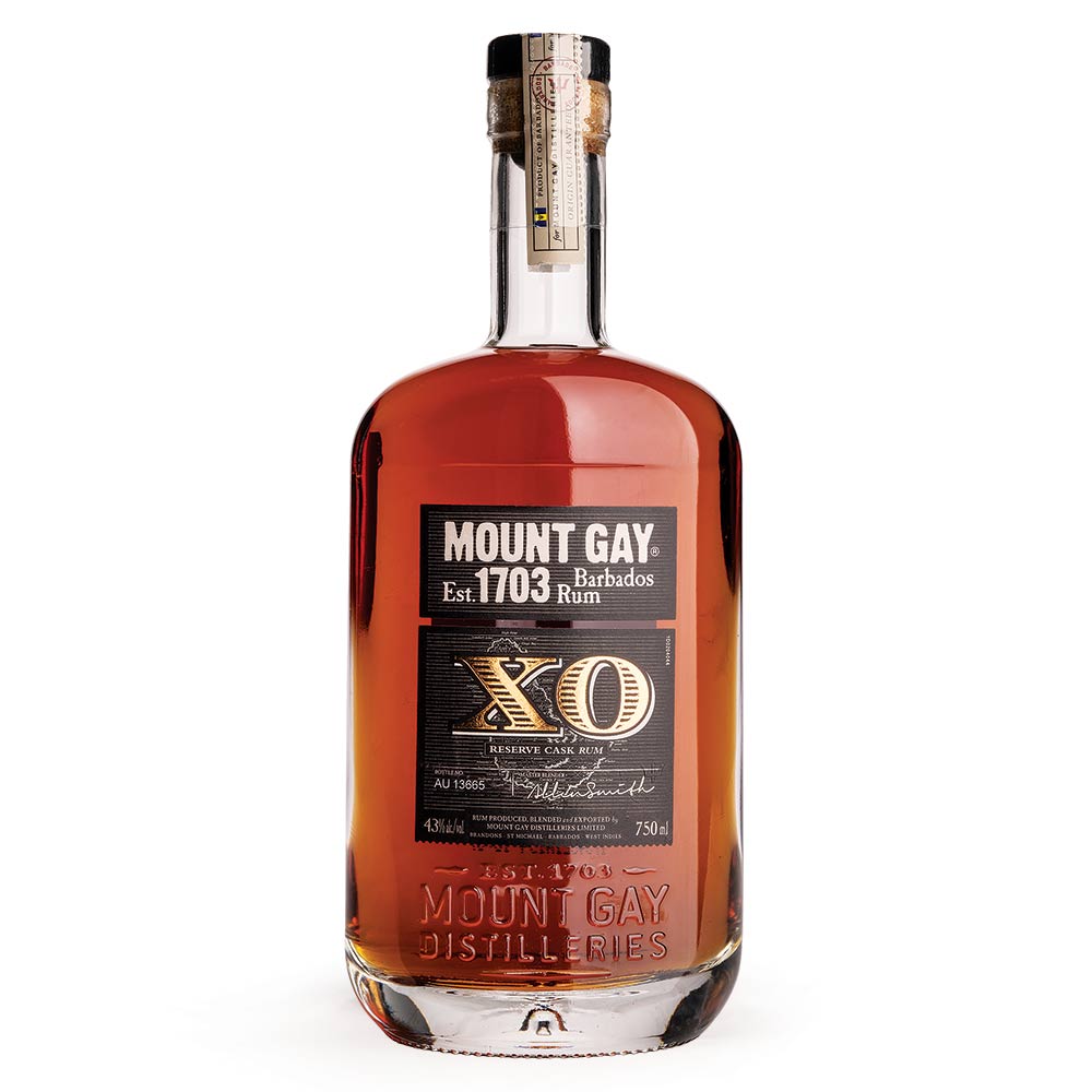 Mount Gay XO Barbados Rum isolated on a white background.