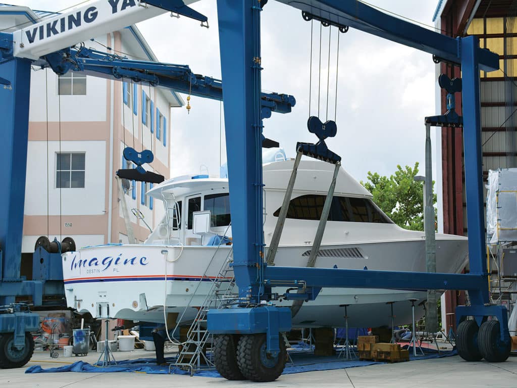 Viking Yacht sport-fisher at boat yard