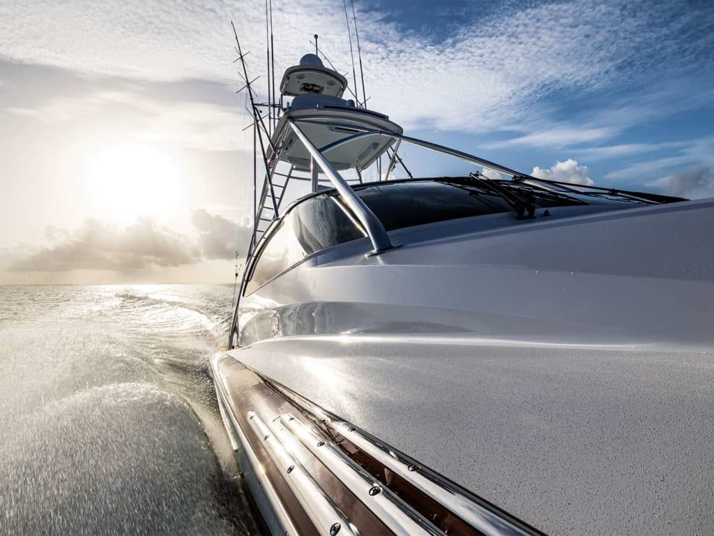 Close up detail of a sport-fishing boat on the water.