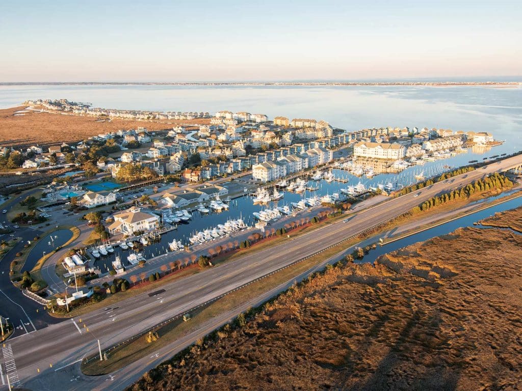 An aerial view of Pirate's Cove sport fishing marina.