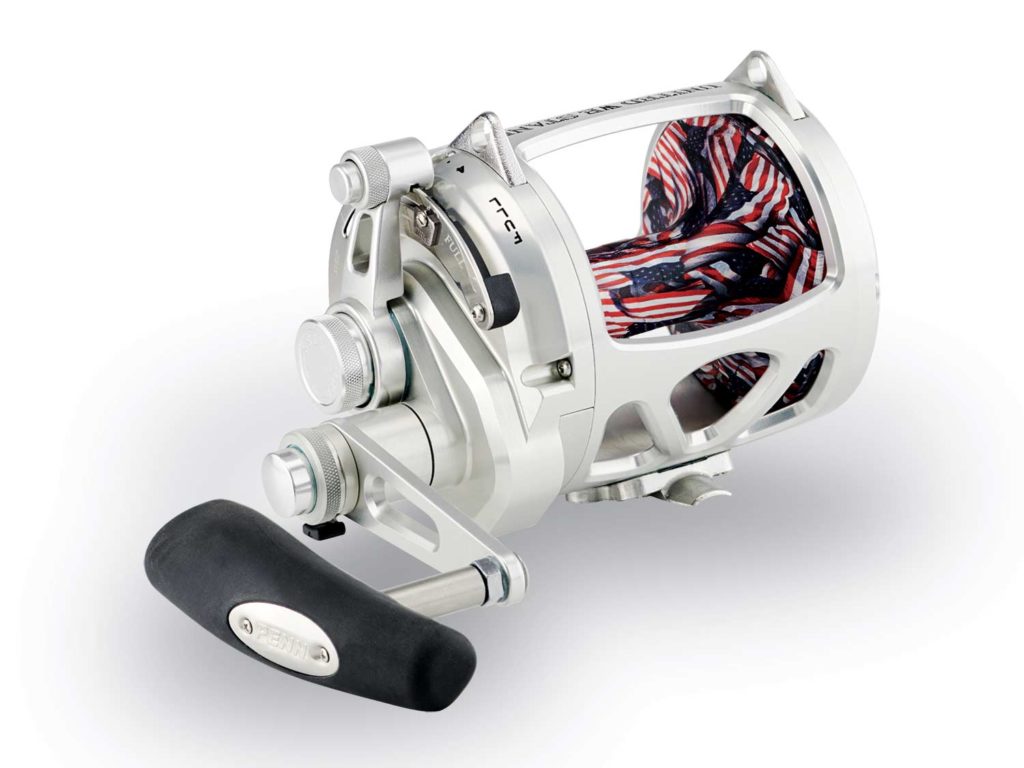 Penn International VIS 2020 Limited-Edition Reel silver and american flag patterened fishing reel.
