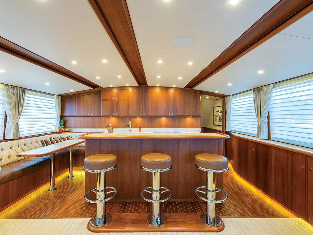 interior salon of a michael rybovichsport fishing boat